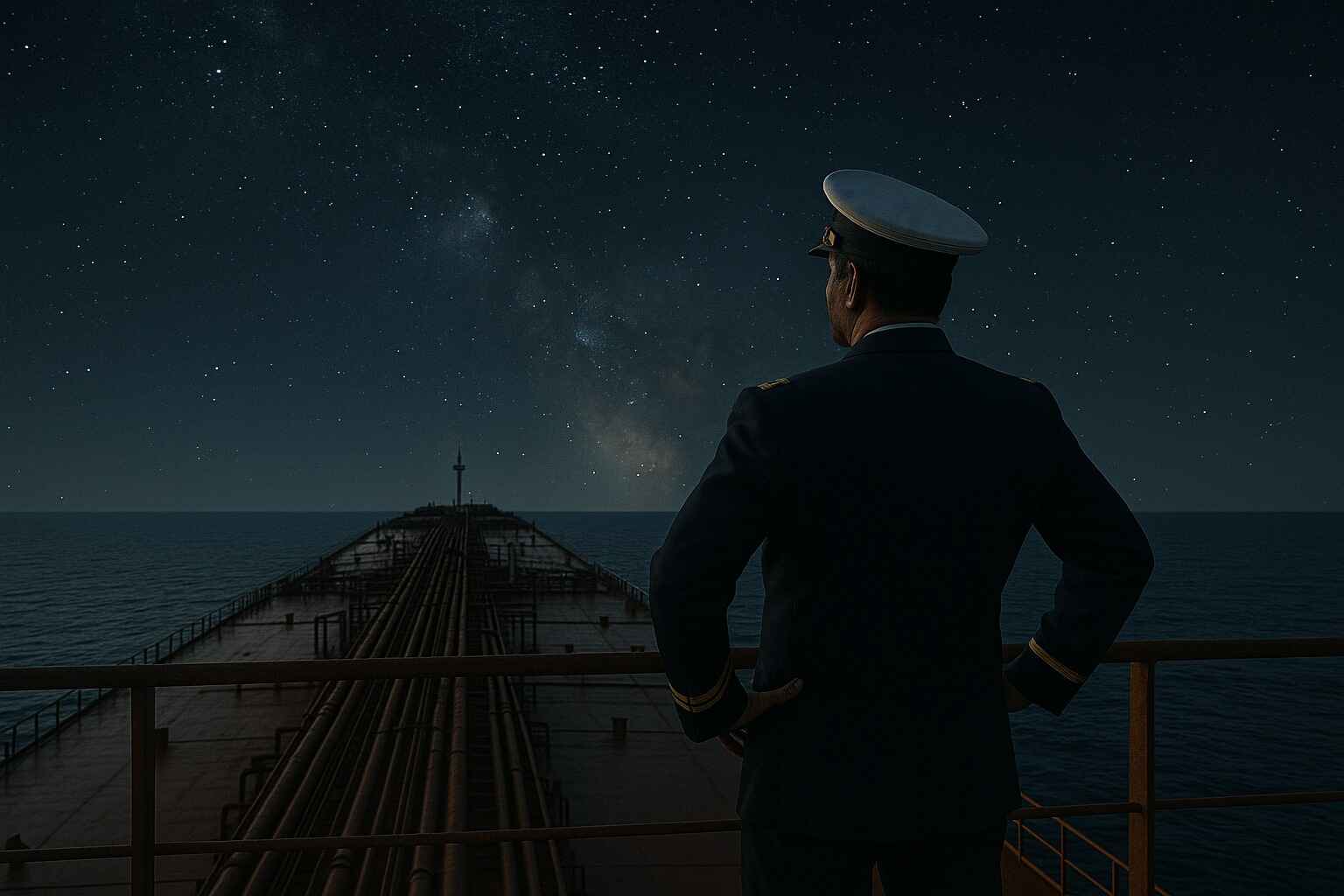 Ship captain overlooking vessel deck under starry night sky